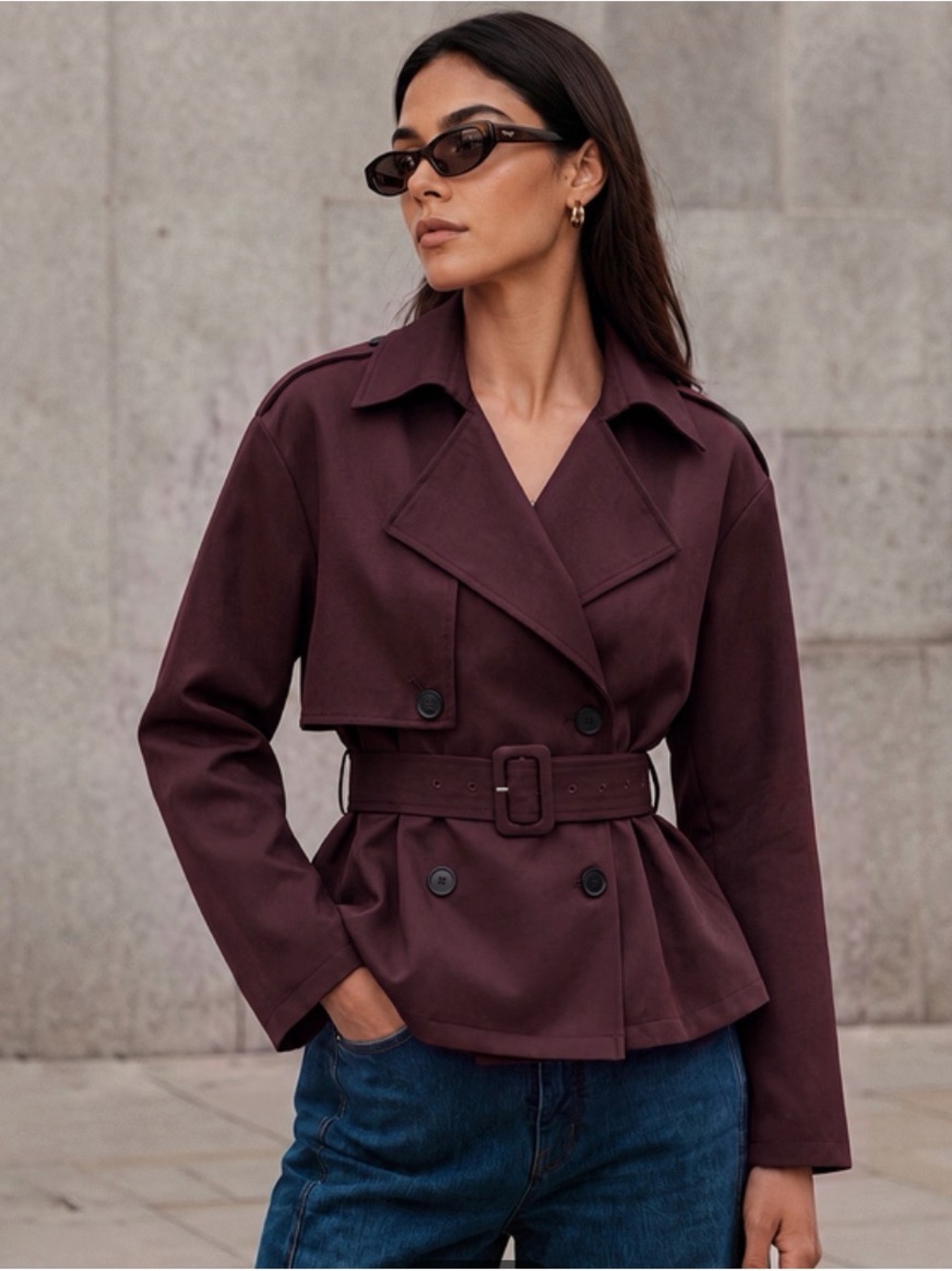 Commense Double-Breasted Trench Jacket in Plum NWT